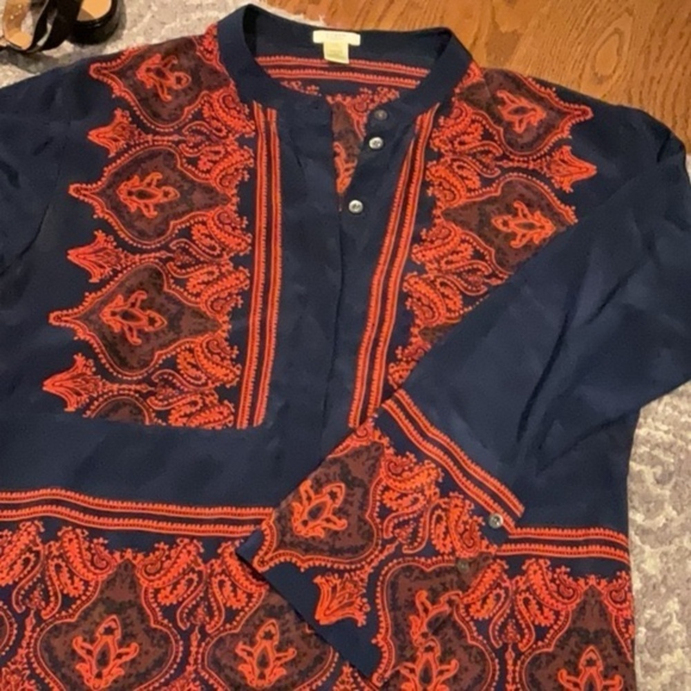 J Crew Collection Navy And Orange 100 Silk Tunic Blouse In S
